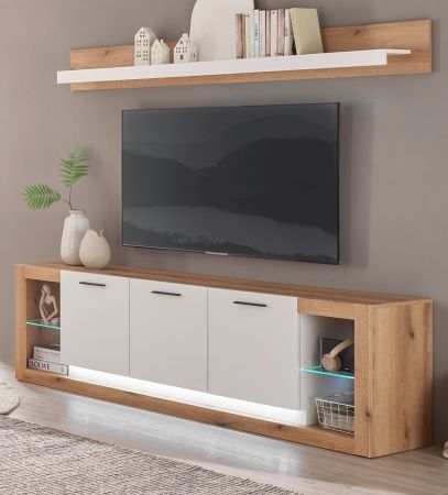 TV-Lowboard und Wandboard Rivian in wei� matt und Evoke Eiche Wohnkombination Set 2-teilig 198 cm