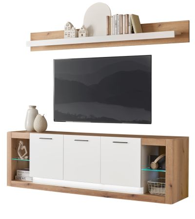 TV-Lowboard und Wandboard Rivian in wei� matt und Evoke Eiche Wohnkombination Set 2-teilig 198 cm