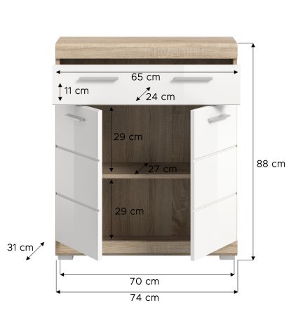 Badezimmer Kommode Mambo in wei� Hochglanz und Sonoma Eiche Badschrank 74 x 88 cm