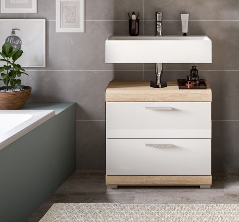 Badezimmer Waschbeckenunterschrank Mambo in wei� Hochglanz und Sonoma Eiche Badschrank 60 cm