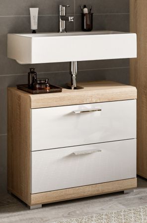 Badezimmer Waschbeckenunterschrank Mambo in wei� Hochglanz und Sonoma Eiche Badschrank 60 cm