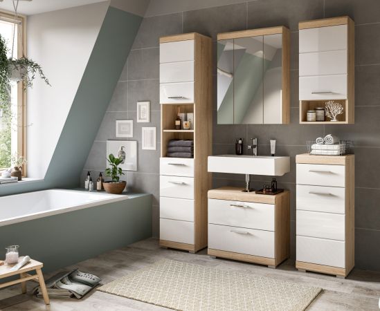 Badezimmer Waschbeckenunterschrank Mambo in wei� Hochglanz und Sonoma Eiche Badschrank 60 cm