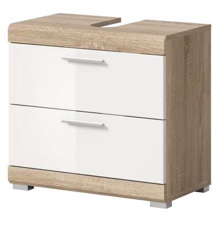 Badezimmer Waschbeckenunterschrank Mambo in wei� Hochglanz und Sonoma Eiche Badschrank 60 cm