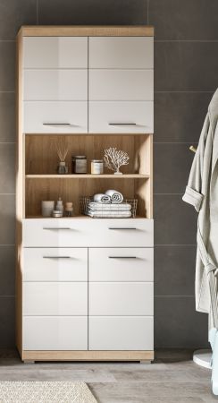 Badezimmer Hochschrank Mambo in wei� Hochglanz und Sonoma Eiche Badschrank 74 x 191 cm