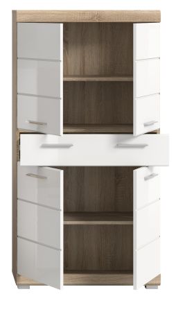 Badezimmer Midischrank Mambo in wei� Hochglanz und Sonoma Eiche Badschrank 74 x 141 cm