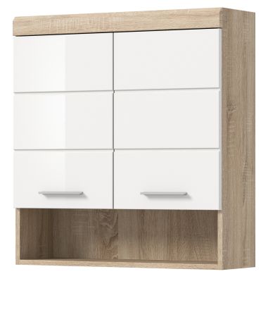 Badezimmer H�ngeschrank Mambo in wei� Hochglanz und Sonoma Eiche Badschrank h�ngend 74 x 79 cm