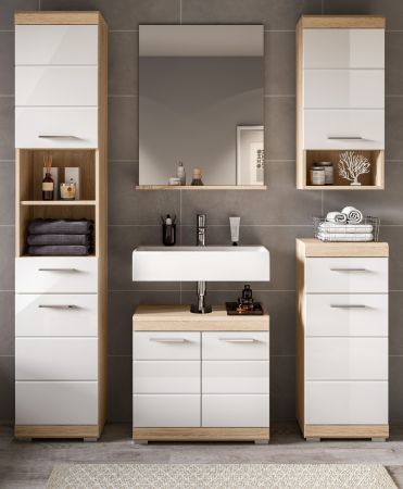 Badm�bel Set 5-teilig Mambo in wei� Hochglanz und Sonoma Eiche Badkombination 164 x 191 cm