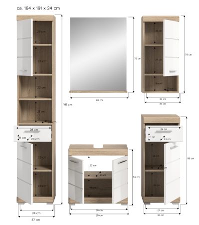 Badm�bel Set 5-teilig Mambo in wei� Hochglanz und Sonoma Eiche Badkombination 164 x 191 cm