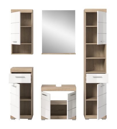Badm�bel Set 5-teilig Mambo in wei� Hochglanz und Sonoma Eiche Badkombination 164 x 191 cm