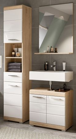 Badm�bel Set 3-teilig Mambo in wei� Hochglanz und Sonoma Eiche Badkombination 112 x 191 cm