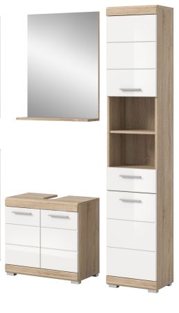 Badm�bel Set 3-teilig Mambo in wei� Hochglanz und Sonoma Eiche Badkombination 112 x 191 cm