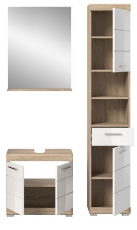 Badm�bel Set 3-teilig Mambo in wei� Hochglanz und Sonoma Eiche Badkombination 112 x 191 cm