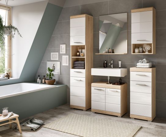 Badm�bel Set 2-teilig Mambo in wei� Hochglanz und Sonoma Eiche Badkombination 60 x 191 cm