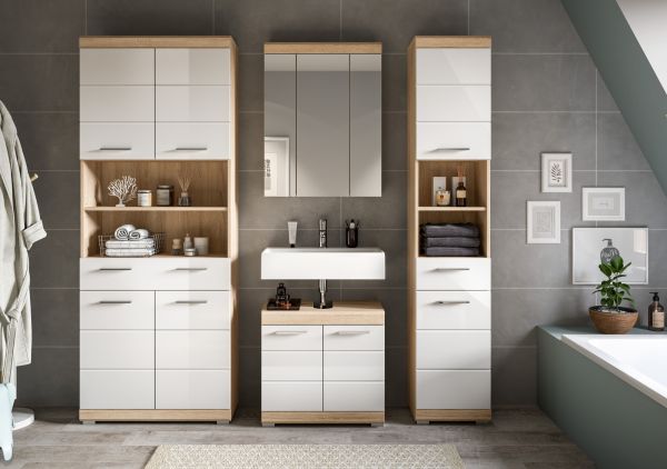 Badm�bel Set 4-teilig Mambo in wei� Hochglanz und Sonoma Eiche Badkombination 186 x 191 cm