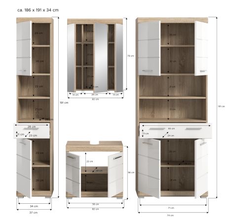 Badm�bel Set 4-teilig Mambo in wei� Hochglanz und Sonoma Eiche Badkombination 186 x 191 cm