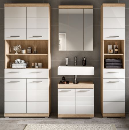 Badm�bel Set 4-teilig Mambo in wei� Hochglanz und Sonoma Eiche Badkombination 186 x 191 cm