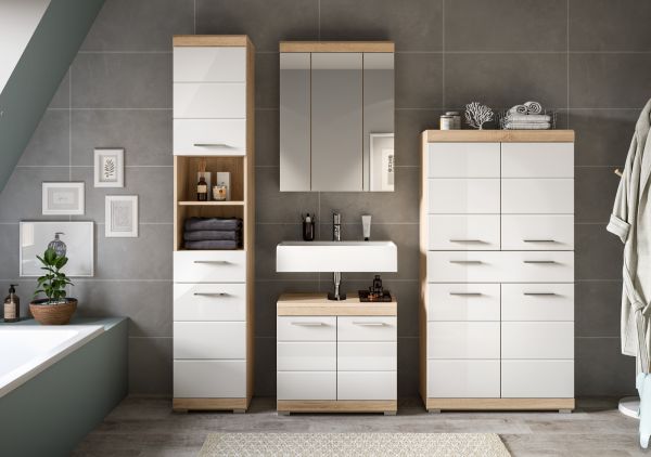 Badm�bel Set 4-teilig Mambo in wei� Hochglanz und Sonoma Eiche Badkombination 186 x 191 cm