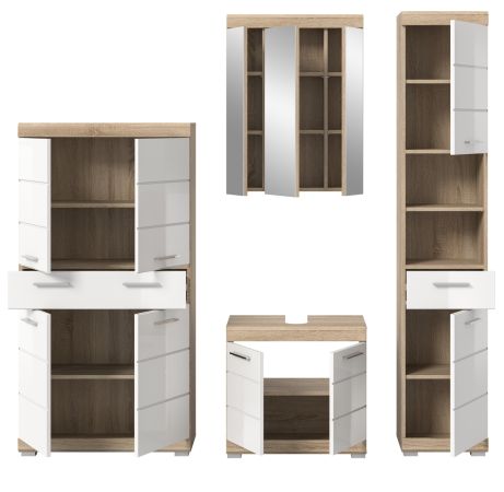 Badm�bel Set 4-teilig Mambo in wei� Hochglanz und Sonoma Eiche Badkombination 186 x 191 cm