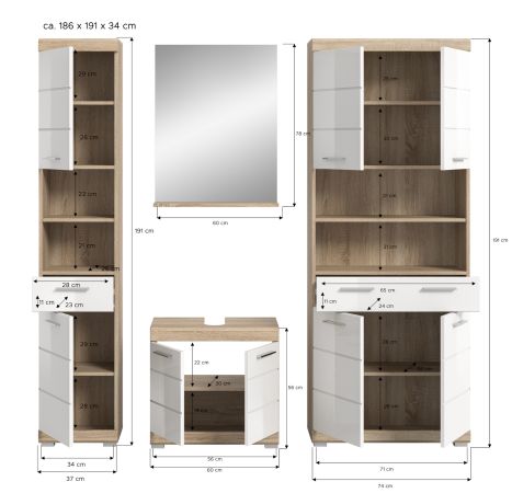 Badm�bel Set 4-teilig Mambo in wei� Hochglanz und Sonoma Eiche Badkombination 186 x 191 cm