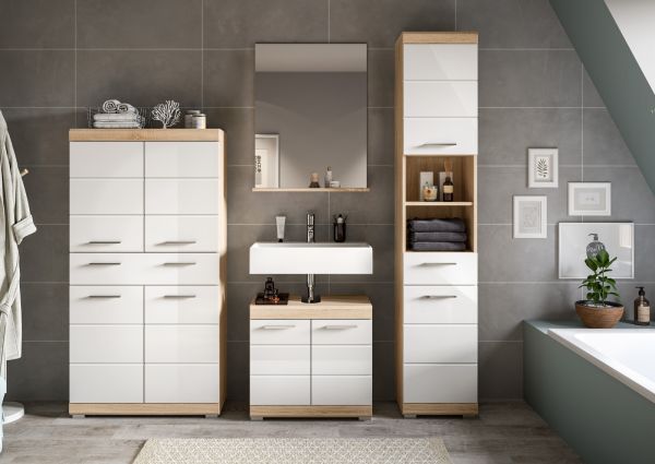 Badm�bel Set 4-teilig Mambo in wei� Hochglanz und Sonoma Eiche Badkombination 186 x 191 cm