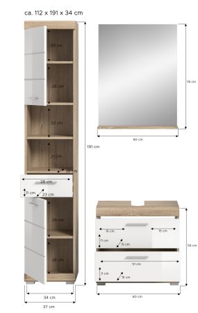Badm�bel Set 3-teilig Mambo in wei� Hochglanz und Sonoma Eiche Badkombination 112 x 191 cm