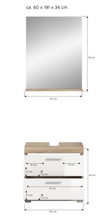 Badm�bel Set 2-teilig Mambo in wei� Hochglanz und Sonoma Eiche Badkombination 60 x 191 cm