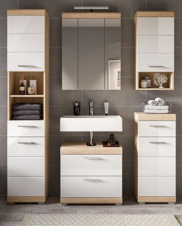Badm�bel Set 5-teilig Mambo in wei� Hochglanz und Sonoma Eiche Badkombination 164 x 191 cm