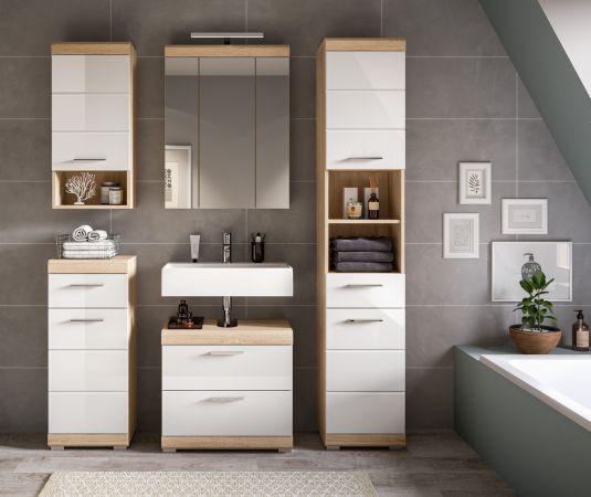 Badm�bel Set 5-teilig Mambo in wei� Hochglanz und Sonoma Eiche Badkombination 164 x 191 cm