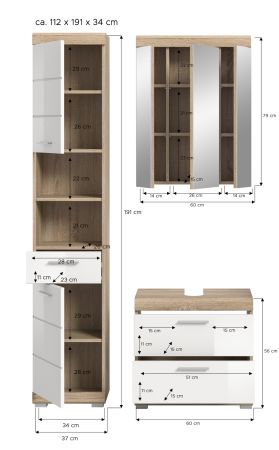 Badm�bel Set 3-teilig Mambo in wei� Hochglanz und Sonoma Eiche Badkombination 112 x 191 cm