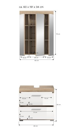 Badm�bel Set 2-teilig Mambo in wei� Hochglanz und Sonoma Eiche Badkombination 60 x 191 cm