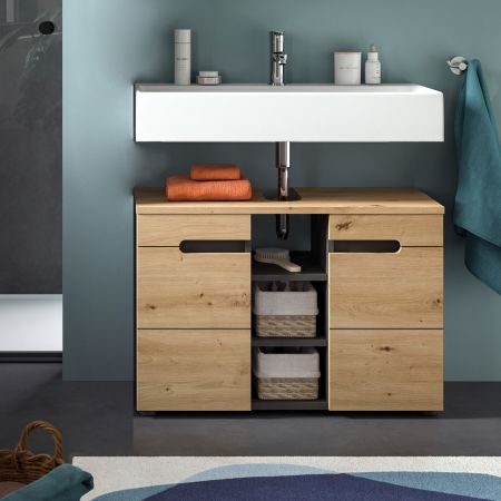 Waschbeckenunterschrank Cooper in Artisan Eiche und grau Badschrank 80 cm, Soft-Close
