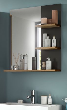 Badezimmer Spiegel Cooper in Artisan Eiche und grau Badspiegel mit Ablage 63 x 73 cm