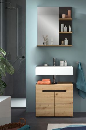 Badezimmer Spiegel Cooper in Artisan Eiche und grau Badspiegel mit Ablage 63 x 73 cm