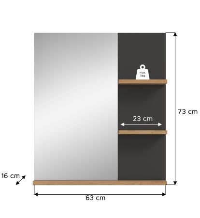 Badezimmer Spiegel Cooper in Artisan Eiche und grau Badspiegel mit Ablage 63 x 73 cm