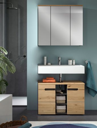 Badezimmer Spiegelschrank Cooper in Artisan Eiche und grau Badschrank 3-t�rig 80 cm, Soft-Close