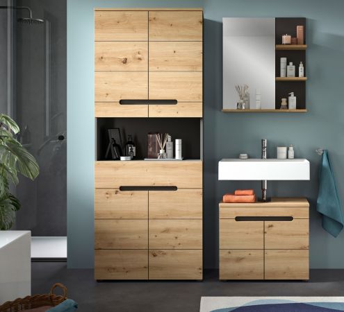 Badezimmer Hochschrank Cooper in Artisan Eiche und grau Badschrank 76 x 193 cm, Soft-Close