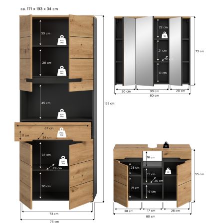 Badm�bel Set 3-teilig Cooper in Artisan Eiche und grau Badkombination 171 x 193 cm, Soft-Close