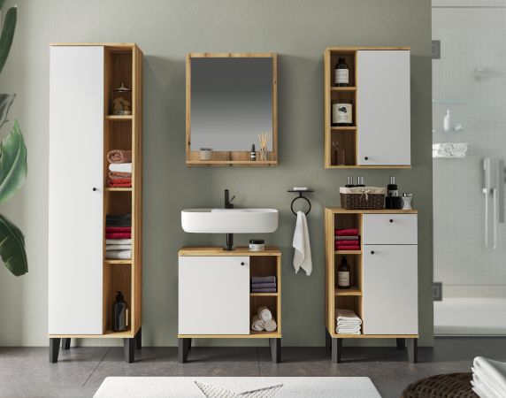 Badm�bel Set 2-teilig Torsby in wei� und Evoke Eiche Badkombination 60 cm