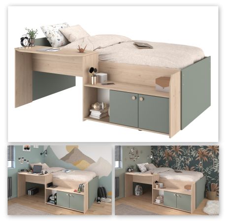 Parisot Hochbett Matre in Jackson Eiche und gr�n Kinder- und Jugendzimmer Bett mit Stauraum