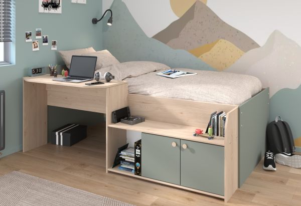 Parisot Hochbett Matre in Jackson Eiche und gr�n Kinder- und Jugendzimmer Bett mit Stauraum