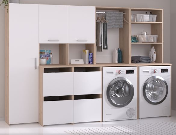Waschmaschinenschrank Laundry in wei� und Jackson Eiche Set 4-teilig 268 x 184 cm