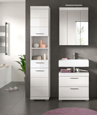 Waschbeckenunterschrank Shawn in wei� Hochglanz Badezimmer Unterschrank mit Schubladen 60 cm