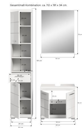 Badm�bel Set 3-teilig Shawn in wei� Hochglanz Badkombination 112 x 191 cm