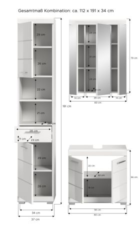Badm�bel Set 3-teilig Shawn in wei� Hochglanz Badkombination 112 x 191 cm