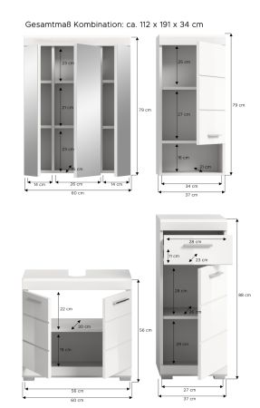 Badm�bel Set 4-teilig Shawn in wei� Hochglanz Badkombination 112 x 191 cm