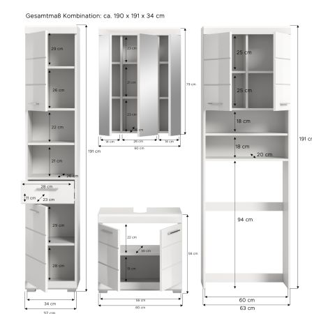 Badm�bel Set 4-teilig Shawn in wei� Hochglanz Badkombination 190 x 191 cm