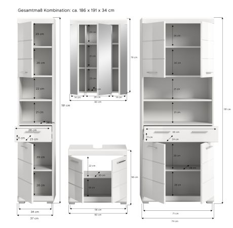 Badm�bel Set 4-teilig Shawn in wei� Hochglanz Badkombination 200 x 191 cm