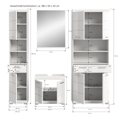 Badm�bel Set 4-teilig Shawn in wei� Hochglanz Badkombination 200 x 191 cm