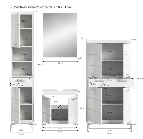 Badm�bel Set 4-teilig Shawn in wei� Hochglanz Badkombination 200 x 191 cm