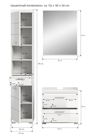 Badm�bel Set 3-teilig Shawn in wei� Hochglanz Badkombination 112 x 191 cm